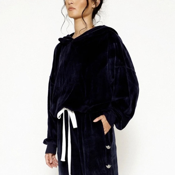 Boys Lie Jackets & Blazers - Boys Lie - Embroidered Navy Velour Crop Hoodie